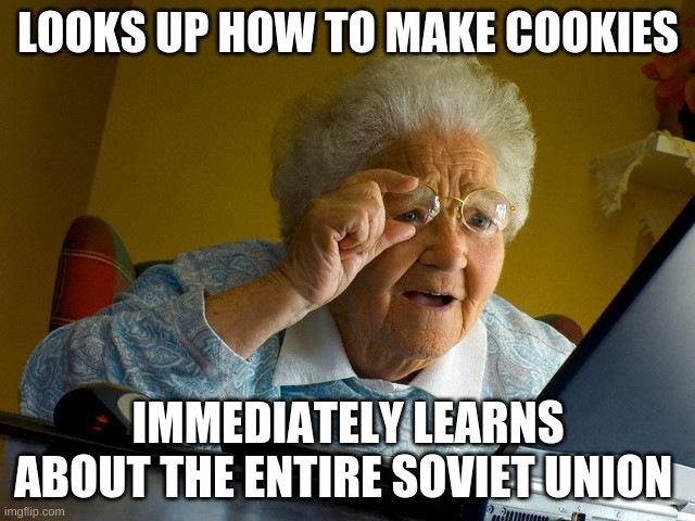 True. |  LOOKS UP HOW TO MAKE COOKIES; IMMEDIATELY LEARNS ABOUT THE ENTIRE SOVIET UNION | image tagged in memes,grandma finds the internet | made w/ Imgflip meme maker