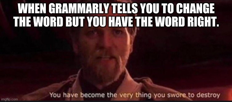 bruh grammarly be like | WHEN GRAMMARLY TELLS YOU TO CHANGE THE WORD BUT YOU HAVE THE WORD RIGHT. | image tagged in you have become the very thing you swore to destroy | made w/ Imgflip meme maker