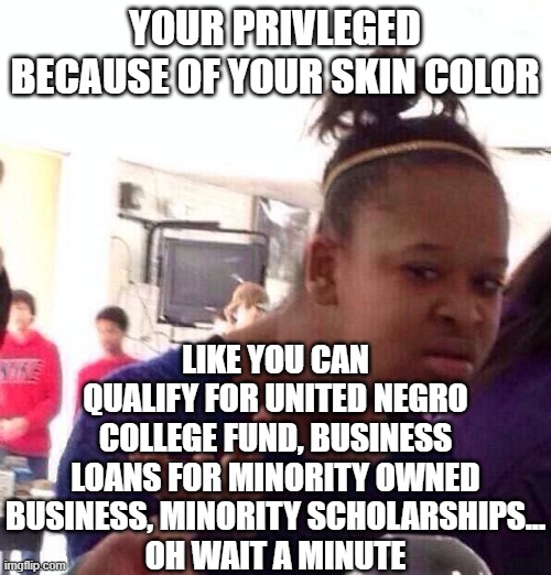 Black Girl Wat Meme | YOUR PRIVLEGED BECAUSE OF YOUR SKIN COLOR LIKE YOU CAN QUALIFY FOR UNITED NEGRO COLLEGE FUND, BUSINESS LOANS FOR MINORITY OWNED BUSINESS, MI | image tagged in memes,black girl wat | made w/ Imgflip meme maker