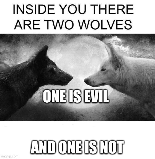 Inside you there are two wolves | ONE IS EVIL; AND ONE IS NOT | image tagged in inside you there are two wolves | made w/ Imgflip meme maker