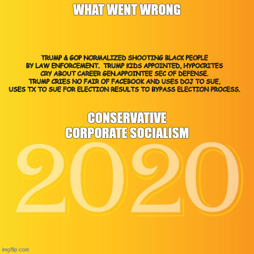 donald trump and what went wrong in 2020 | WHAT WENT WRONG; TRUMP & GOP NORMALIZED SHOOTING BLACK PEOPLE BY LAW ENFORCEMENT.  TRUMP KIDS APPOINTED, HYPOCRITES CRY ABOUT CAREER GEN.APPOINTEE SEC OF DEFENSE. TRUMP CRIES NO FAIR OF FACEBOOK AND USES DOJ TO SUE, USES TX TO SUE FOR ELECTION RESULTS TO BYPASS ELECTION PROCESS. CONSERVATIVE CORPORATE SOCIALISM | image tagged in donald trump,joe biden,abuse of government | made w/ Imgflip meme maker