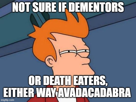 Futurama Fry Meme | NOT SURE IF DEMENTORS OR DEATH EATERS, EITHER WAY AVADACADABRA | image tagged in memes,futurama fry | made w/ Imgflip meme maker