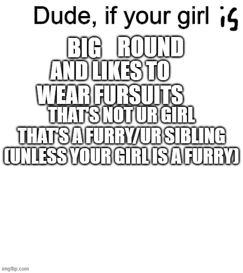 imma furry and wanted to make this is this something i should be ashamed for making? | ROUND; BIG; AND LIKES TO WEAR FURSUITS; THAT'S NOT UR GIRL THAT'S A FURRY/UR SIBLING (UNLESS YOUR GIRL IS A FURRY) | image tagged in dude if your girl | made w/ Imgflip meme maker