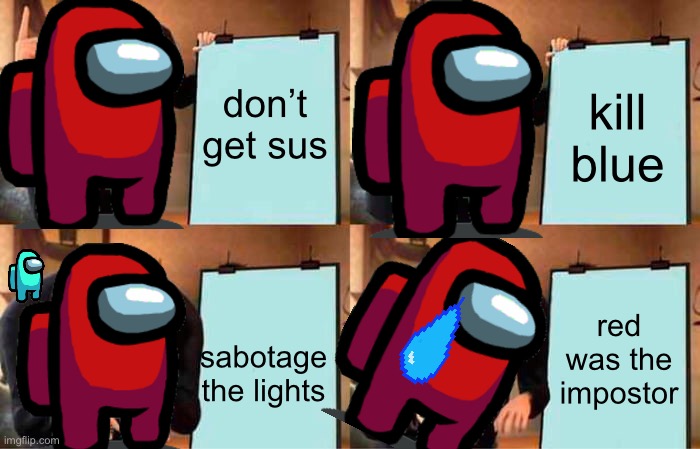 Gru's Plan | don’t get sus; kill blue; red was the impostor; sabotage the lights | image tagged in memes,gru's plan | made w/ Imgflip meme maker