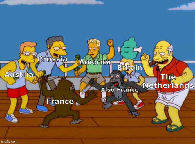 French Revolution | Prussia; America; Britain; Austria; The Netherlands; Also France; France | image tagged in simpsons monkey fight | made w/ Imgflip meme maker