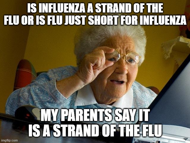 got my phone taken away for googling it | IS INFLUENZA A STRAND OF THE FLU OR IS FLU JUST SHORT FOR INFLUENZA; MY PARENTS SAY IT IS A STRAND OF THE FLU | image tagged in memes,grandma finds the internet | made w/ Imgflip meme maker