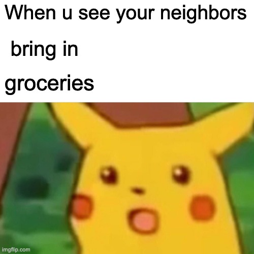 Surprised Pikachu | When u see your neighbors; bring in; groceries | image tagged in memes,surprised pikachu | made w/ Imgflip meme maker