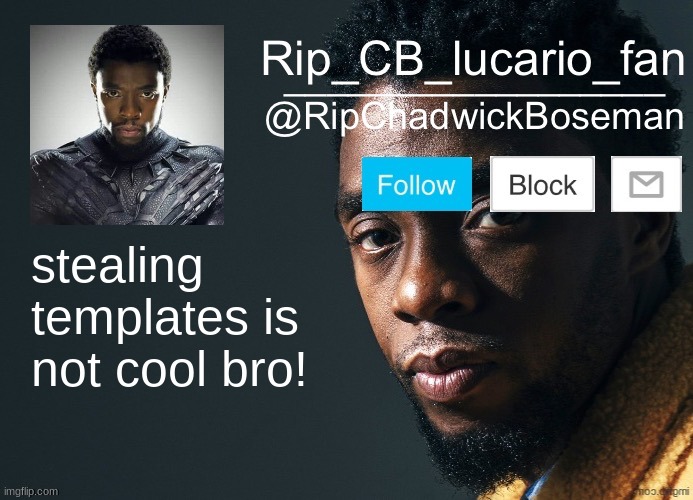 STAP ITTTT!!!! | stealing templates is not cool bro! | image tagged in ripchadwickboseman template | made w/ Imgflip meme maker