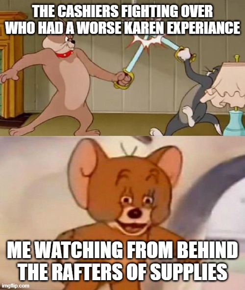 i hid their once | THE CASHIERS FIGHTING OVER WHO HAD A WORSE KAREN EXPERIANCE; ME WATCHING FROM BEHIND THE RAFTERS OF SUPPLIES | image tagged in tom and jerry swordfight | made w/ Imgflip meme maker