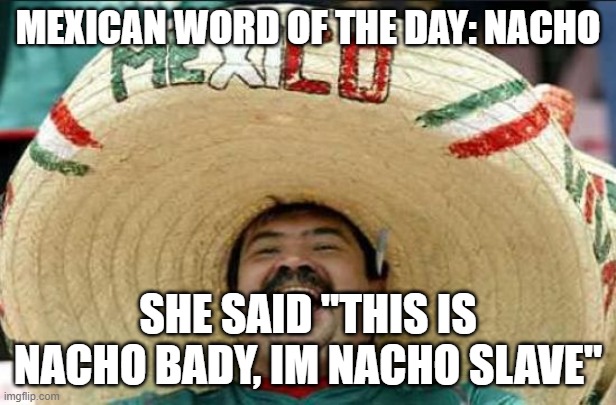 mexican word of the day | MEXICAN WORD OF THE DAY: NACHO; SHE SAID "THIS IS NACHO BADY, IM NACHO SLAVE" | image tagged in mexican word of the day | made w/ Imgflip meme maker