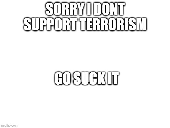 TERRORISTS | SORRY I DONT SUPPORT TERRORISM; GO SUCK IT | image tagged in blank white template | made w/ Imgflip meme maker