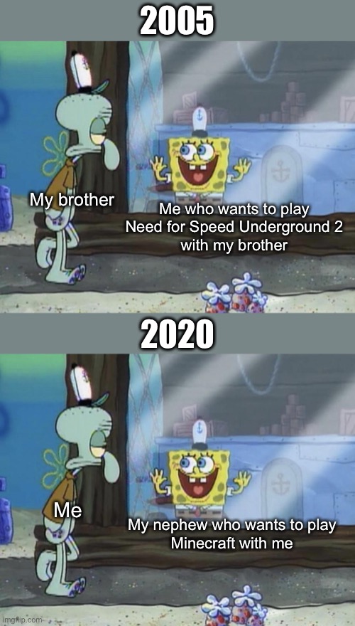 Love your little brothers. Love your little sisters. Love your older brothers and sisters. Love your nephews, aunts, and uncles. | 2005; My brother; Me who wants to play
Need for Speed Underground 2
with my brother; 2020; Me; My nephew who wants to play
Minecraft with me | image tagged in video games,memes,funny memes,so true memes,gaming,siblings | made w/ Imgflip meme maker