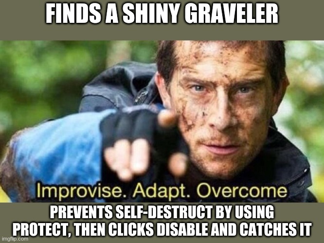 Pro Adaptations | FINDS A SHINY GRAVELER; PREVENTS SELF-DESTRUCT BY USING PROTECT, THEN CLICKS DISABLE AND CATCHES IT | image tagged in improvise adapt overcome | made w/ Imgflip meme maker