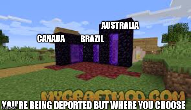 You’re being deported | AUSTRALIA; BRAZIL; CANADA; YOU’RE BEING DEPORTED BUT WHERE YOU CHOOSE | image tagged in deportation,goodbye | made w/ Imgflip meme maker