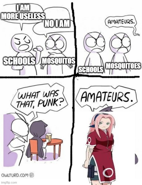 Amateurs | I AM MORE USELESS; NO I AM; SCHOOLS; MOSQUITOES; MOSQUITOS; SCHOOLS | image tagged in amateurs | made w/ Imgflip meme maker