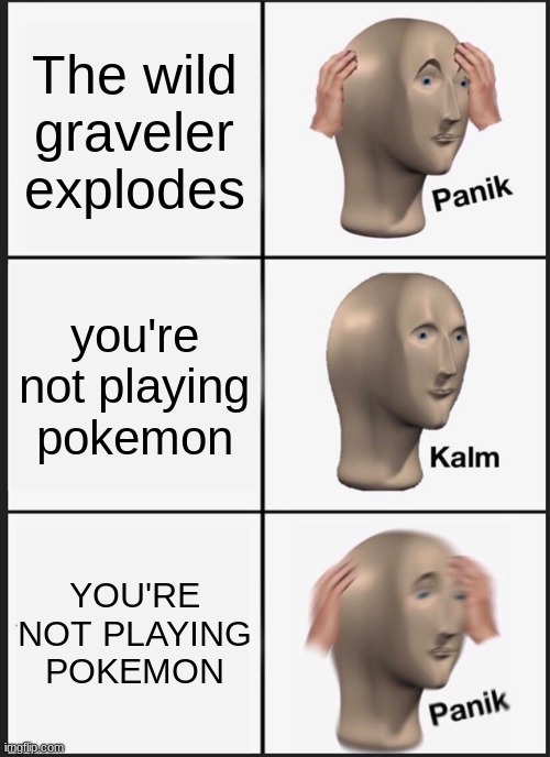 Panik Kalm Panik | The wild graveler explodes; you're not playing pokemon; YOU'RE NOT PLAYING POKEMON | image tagged in memes,panik kalm panik | made w/ Imgflip meme maker