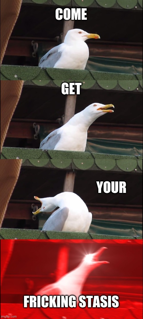 Inhaling Seagull Meme | COME; GET; YOUR; FRICKING STASIS | image tagged in memes,inhaling seagull | made w/ Imgflip meme maker