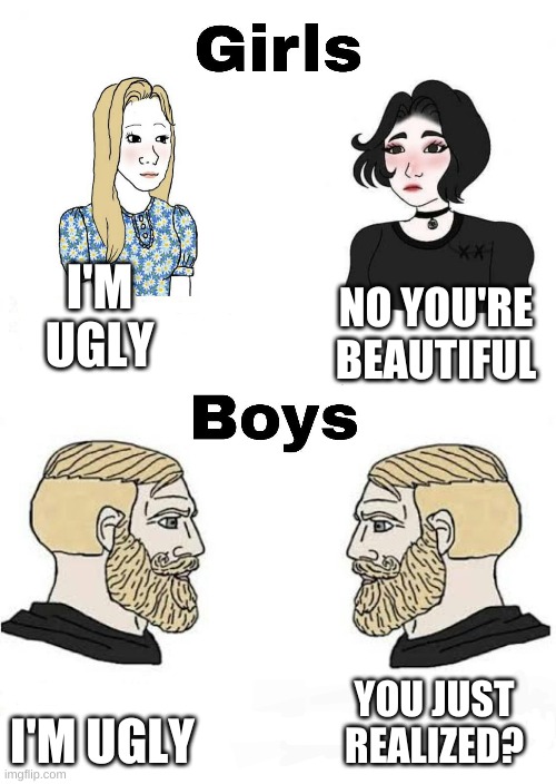 girlsvsboys | I'M UGLY; NO YOU'RE BEAUTIFUL; I'M UGLY; YOU JUST REALIZED? | image tagged in girls vs boys but with the right subtitles | made w/ Imgflip meme maker