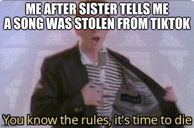 You know the rules its time to die | ME AFTER SISTER TELLS ME A SONG WAS STOLEN FROM TIKTOK | image tagged in you know the rules its time to die | made w/ Imgflip meme maker