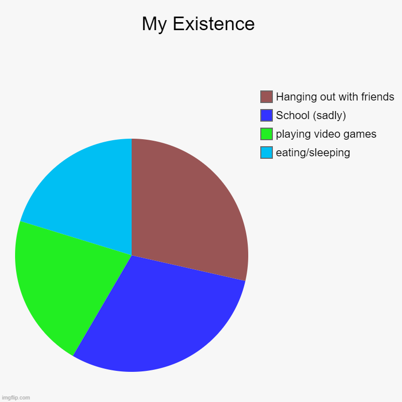 sadness | My Existence | eating/sleeping, playing video games, School (sadly), Hanging out with friends | image tagged in charts,pie charts | made w/ Imgflip chart maker
