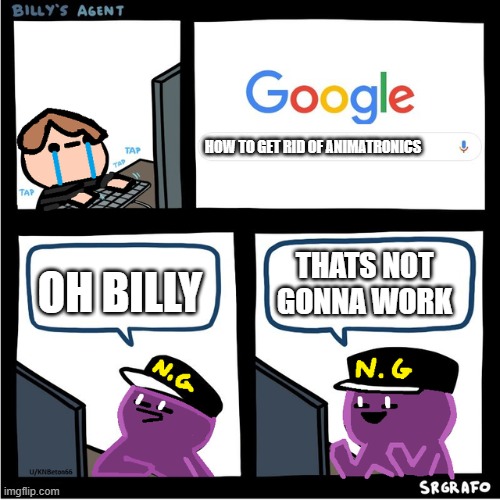 found the template on reddit | HOW TO GET RID OF ANIMATRONICS; OH BILLY; THATS NOT GONNA WORK | image tagged in the man behind the slaughter | made w/ Imgflip meme maker