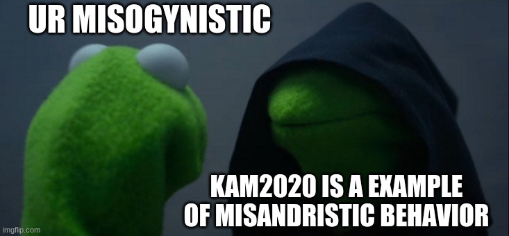 Evil Kermit | UR MISOGYNISTIC; KAM2020 IS A EXAMPLE OF MISANDRISTIC BEHAVIOR | image tagged in memes,evil kermit | made w/ Imgflip meme maker