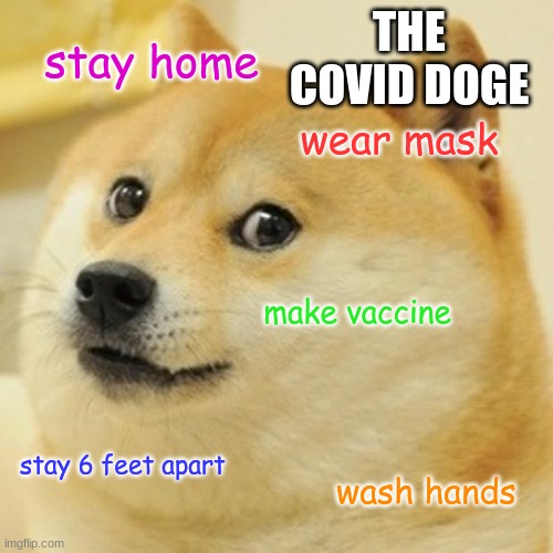 covid doge | THE COVID DOGE; stay home; wear mask; make vaccine; stay 6 feet apart; wash hands | image tagged in memes,doge | made w/ Imgflip meme maker