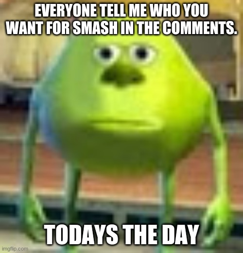 its time | EVERYONE TELL ME WHO YOU WANT FOR SMASH IN THE COMMENTS. TODAYS THE DAY | image tagged in sully wazowski | made w/ Imgflip meme maker