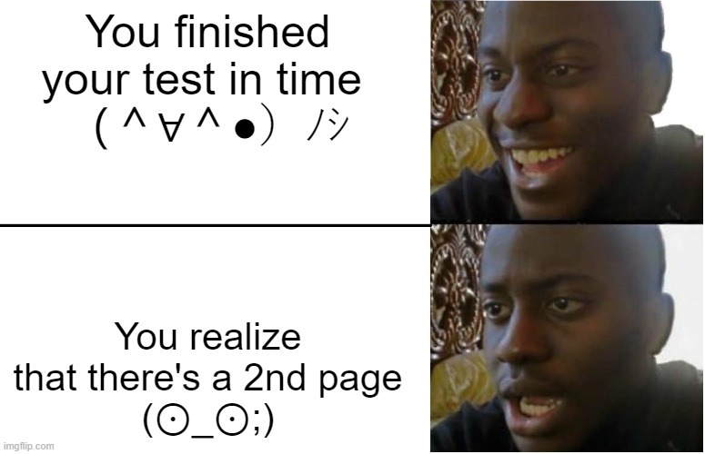 OH NO | You finished your test in time 
（＾∀＾●）ﾉｼ; You realize that there's a 2nd page
(⊙_⊙;) | image tagged in disappointed black guy | made w/ Imgflip meme maker