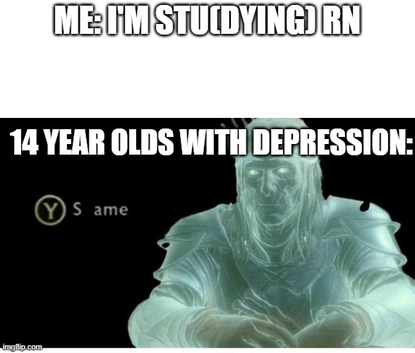 Same | ME: I'M STU(DYING) RN; 14 YEAR OLDS WITH DEPRESSION: | image tagged in same | made w/ Imgflip meme maker
