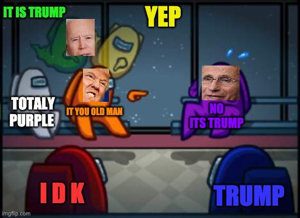 Among us blame | IT IS TRUMP; YEP; TOTALY PURPLE; IT YOU OLD MAN; NO ITS TRUMP; I D K; TRUMP | image tagged in among us blame | made w/ Imgflip meme maker