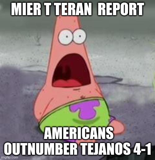 Suprised Patrick | MIER T TERAN  REPORT; AMERICANS OUTNUMBER TEJANOS 4-1 | image tagged in suprised patrick | made w/ Imgflip meme maker