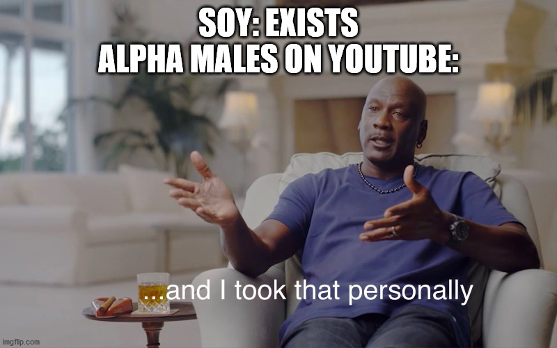 Alpha Red-Pillers | SOY: EXISTS
ALPHA MALES ON YOUTUBE: | image tagged in and i took that personally | made w/ Imgflip meme maker