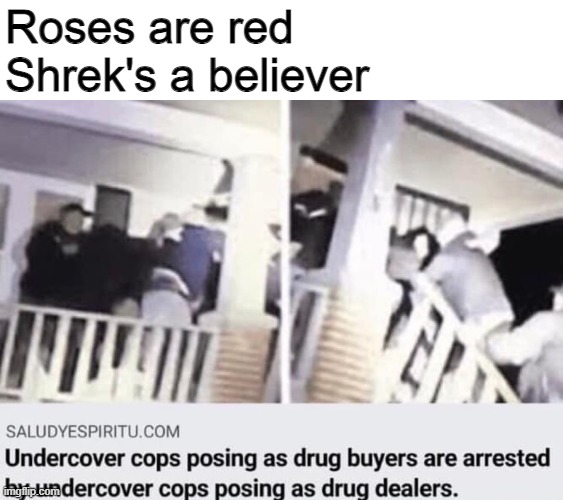 wat??? | Roses are red
Shrek's a believer | image tagged in drug dealer | made w/ Imgflip meme maker