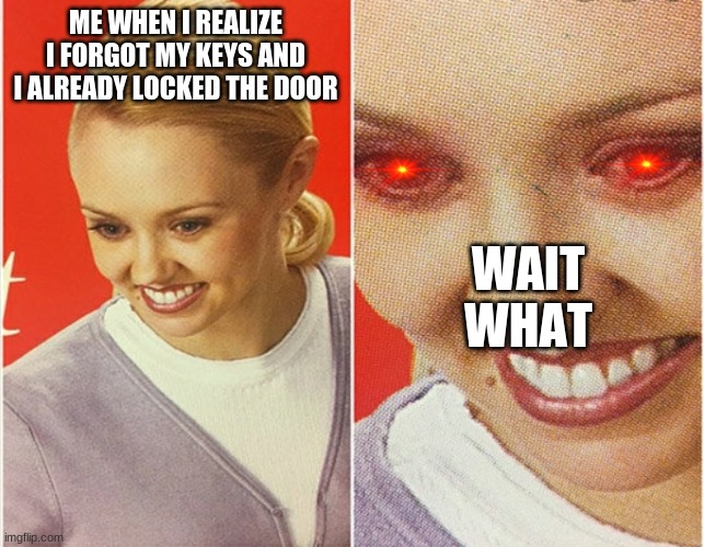 WAIT WHAT | ME WHEN I REALIZE I FORGOT MY KEYS AND I ALREADY LOCKED THE DOOR; WAIT
WHAT | image tagged in wait what | made w/ Imgflip meme maker