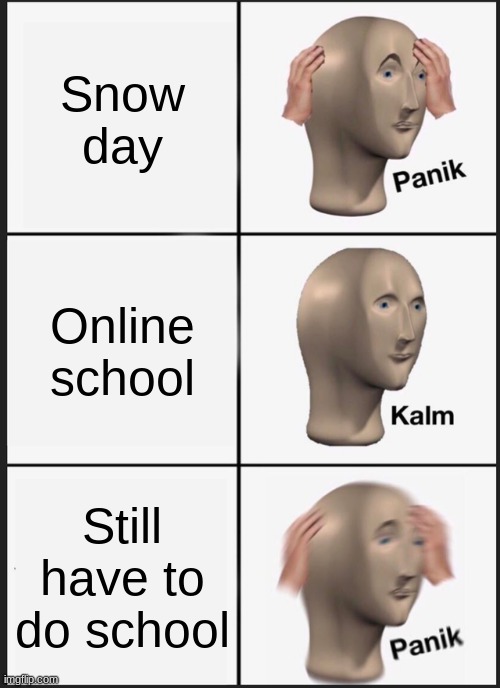 Check out my other memes please. | Snow day; Online school; Still have to do school | image tagged in memes,panik kalm panik | made w/ Imgflip meme maker