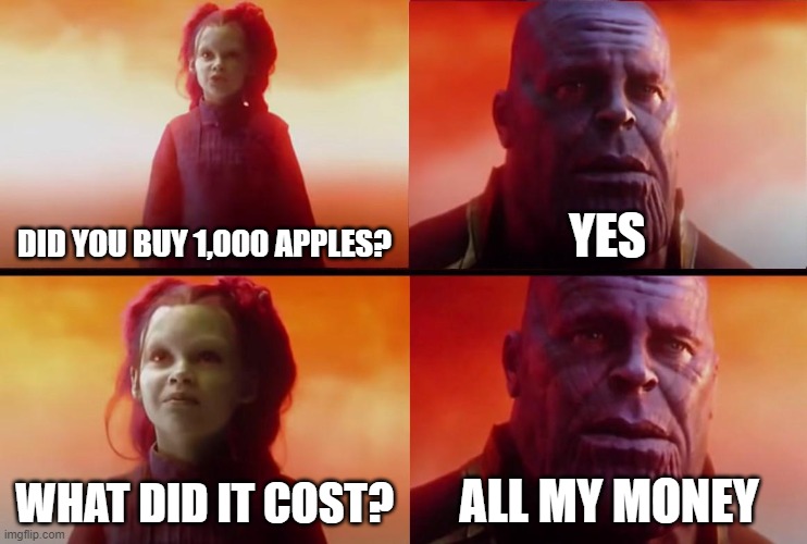 guys In math problems be like | DID YOU BUY 1,000 APPLES? YES; WHAT DID IT COST? ALL MY MONEY | image tagged in thanos what did it cost,in a nutshell | made w/ Imgflip meme maker