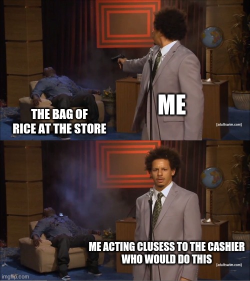 Who Killed Hannibal Meme | ME; THE BAG OF RICE AT THE STORE; ME ACTING CLUSESS TO THE CASHIER

WHO WOULD DO THIS | image tagged in memes,who killed hannibal | made w/ Imgflip meme maker