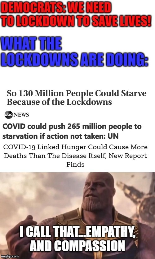Yet people who oppose lockdowns are supposedly the ones who don't care about anyone but themselves? | image tagged in memes,politics,covid-19,starvation,lockdown,coronavirus | made w/ Imgflip meme maker