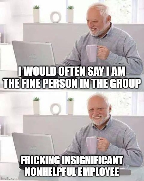 Hide the Pain Harold Meme | I WOULD OFTEN SAY I AM THE FINE PERSON IN THE GROUP; FRICKING INSIGNIFICANT NONHELPFUL EMPLOYEE | image tagged in memes,hide the pain harold | made w/ Imgflip meme maker