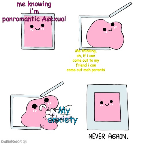 Pink slime punch box never again | me knowing i'm panromantic Asexual; Me thinking, oh, if i can come out to my friend i can come out meh parents; My anxiety | image tagged in pink slime punch box never again | made w/ Imgflip meme maker