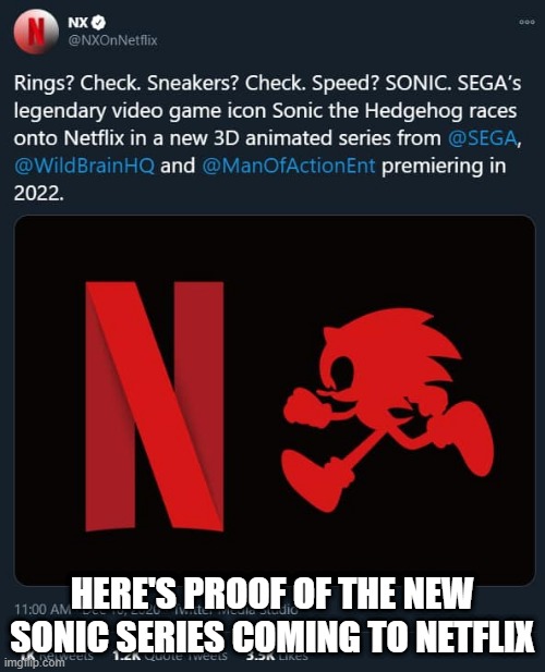 GOTTA GO FAST | HERE'S PROOF OF THE NEW SONIC SERIES COMING TO NETFLIX | image tagged in sonic the hedgehog,netflix | made w/ Imgflip meme maker