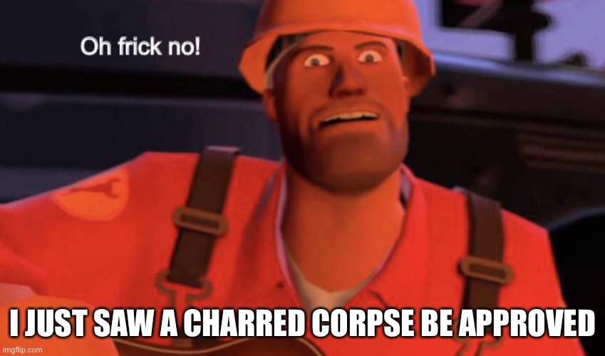Oh frick no! | I JUST SAW A CHARRED CORPSE BE APPROVED | image tagged in oh frick no | made w/ Imgflip meme maker