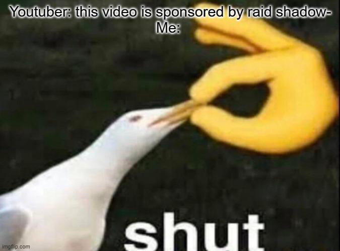 It looks like a good game and all, but will they please shut up! | Youtuber: this video is sponsored by raid shadow-
Me: | image tagged in shut,raid shadow legends | made w/ Imgflip meme maker