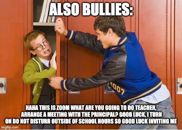 bully shoving nerd into locker | ALSO BULLIES: HAHA THIS IS ZOOM WHAT ARE YOU GOING TO DO TEACHER,  ARRANGE A MEETING WITH THE PRINCIPAL? GOOD LUCK, I TURN ON DO NOT DISTURB | image tagged in bully shoving nerd into locker | made w/ Imgflip meme maker