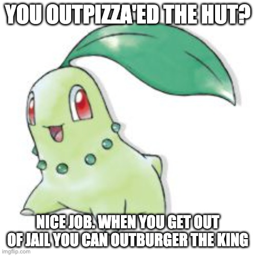 Chikorita | YOU OUTPIZZA'ED THE HUT? NICE JOB. WHEN YOU GET OUT OF JAIL YOU CAN OUTBURGER THE KING | image tagged in chikorita | made w/ Imgflip meme maker