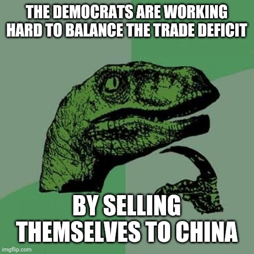 Philosoraptor | THE DEMOCRATS ARE WORKING HARD TO BALANCE THE TRADE DEFICIT; BY SELLING THEMSELVES TO CHINA | image tagged in memes,philosoraptor | made w/ Imgflip meme maker