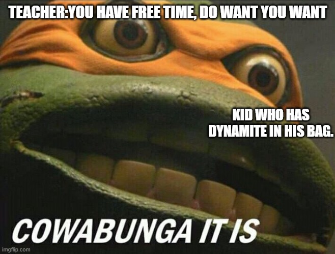 Free time | TEACHER:YOU HAVE FREE TIME, DO WANT YOU WANT; KID WHO HAS DYNAMITE IN HIS BAG. | image tagged in cowabunga it is | made w/ Imgflip meme maker