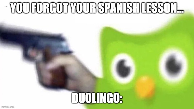 LEARN YO SPANISH | YOU FORGOT YOUR SPANISH LESSON... DUOLINGO: | image tagged in duolingo gun | made w/ Imgflip meme maker