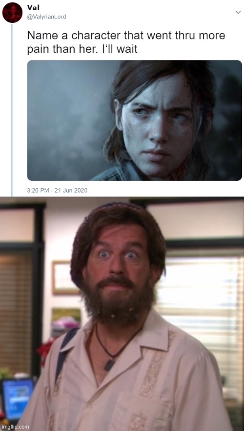 image tagged in name one character who went through more pain than her,andy the office beard | made w/ Imgflip meme maker